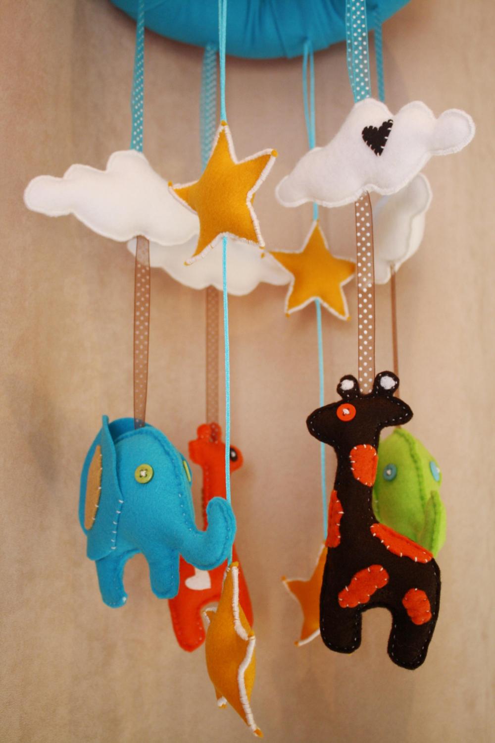 Boo!beloobie Jungle Baby Mobile With Giraffe, Elephant, Cloud And Star Detail In Blue, Green, Chocolate Brown, Yellow And Cream